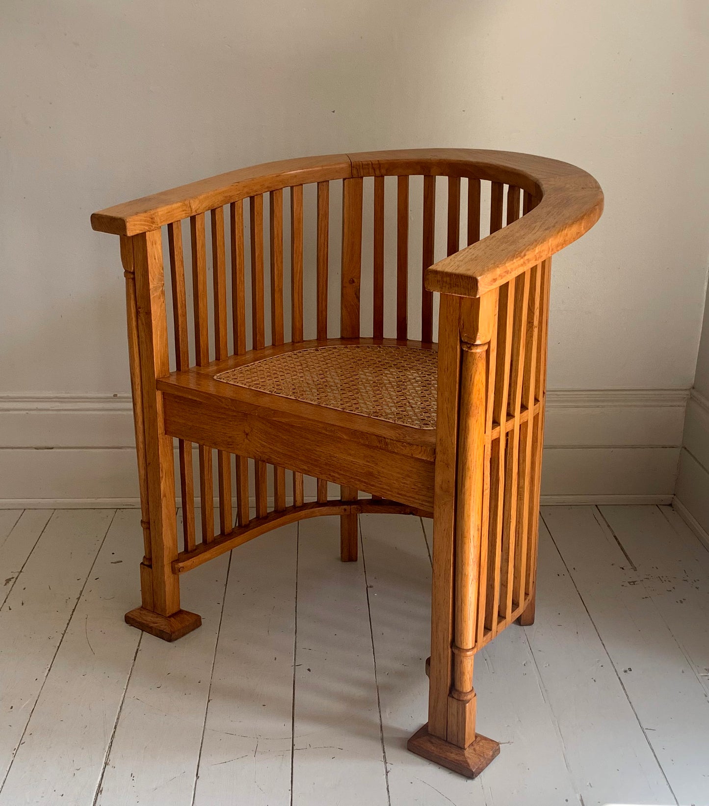 Arts & Craft Style Teak Barrel Chair with Rattan Seat, Colonial Accent Chair