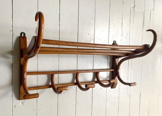 Antique Teak Bentwood Wall Mounted Hat & Coat Rack w/ Shelf - 1900s Art Nouveau