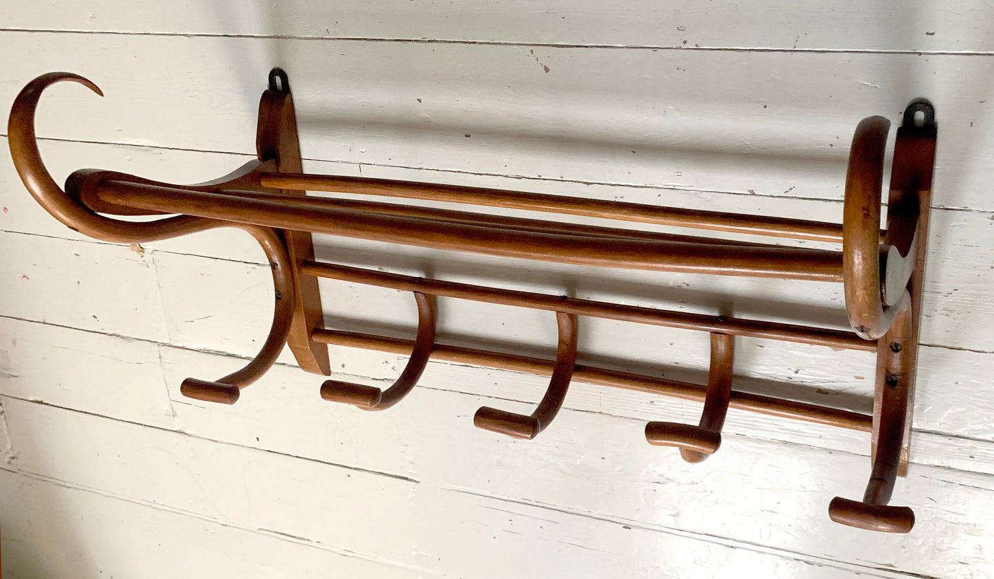 Antique Teak Bentwood Wall Mounted Hat & Coat Rack w/ Shelf - 1900s Art Nouveau