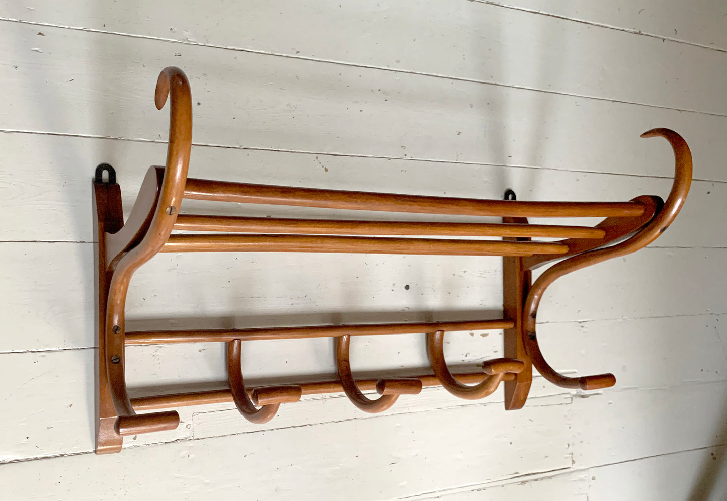 Antique Teak Bentwood Wall Mounted Hat & Coat Rack w/ Shelf - 1900s Art Nouveau