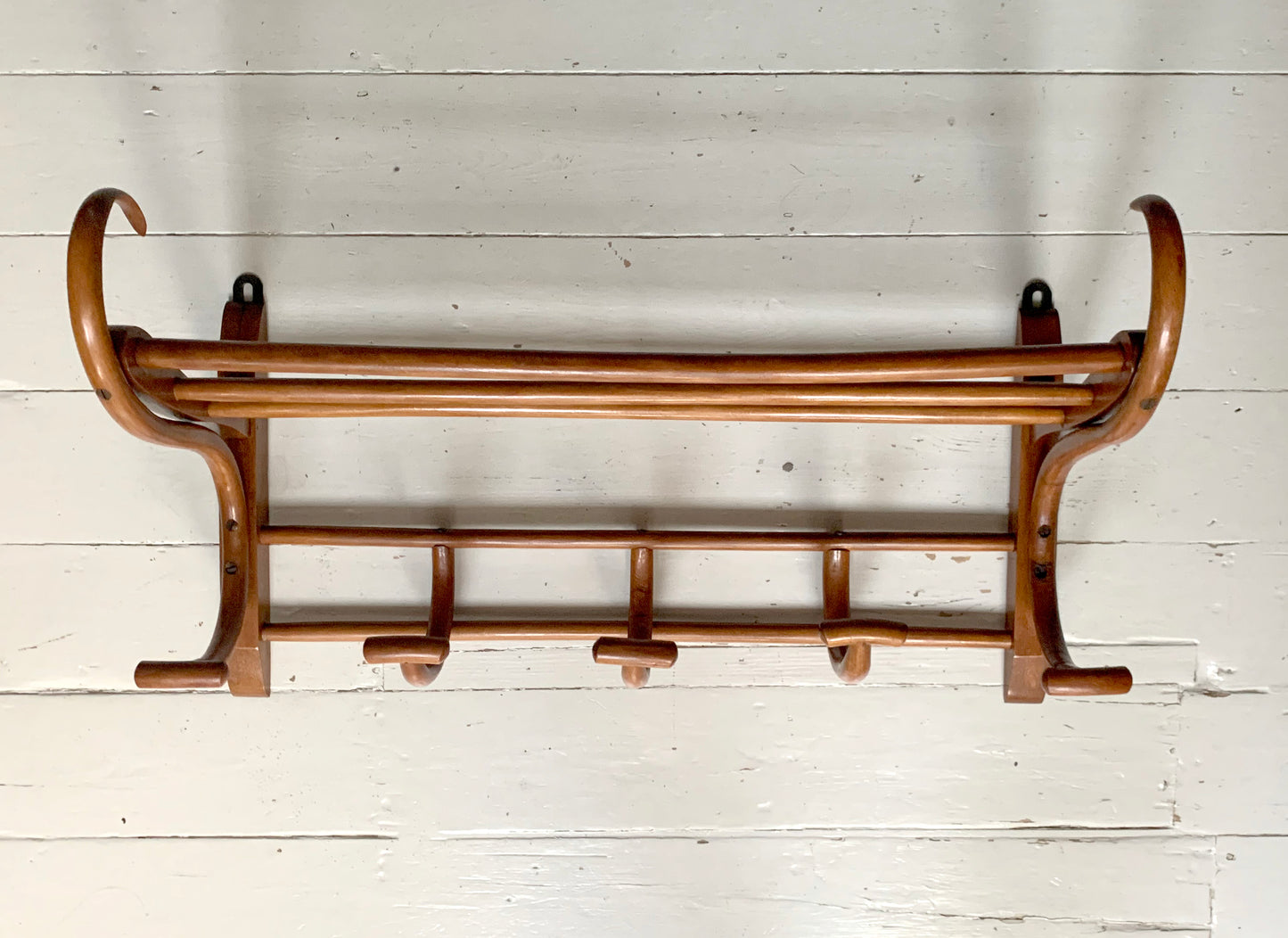 Antique Teak Bentwood Wall Mounted Hat & Coat Rack w/ Shelf - 1900s Art Nouveau