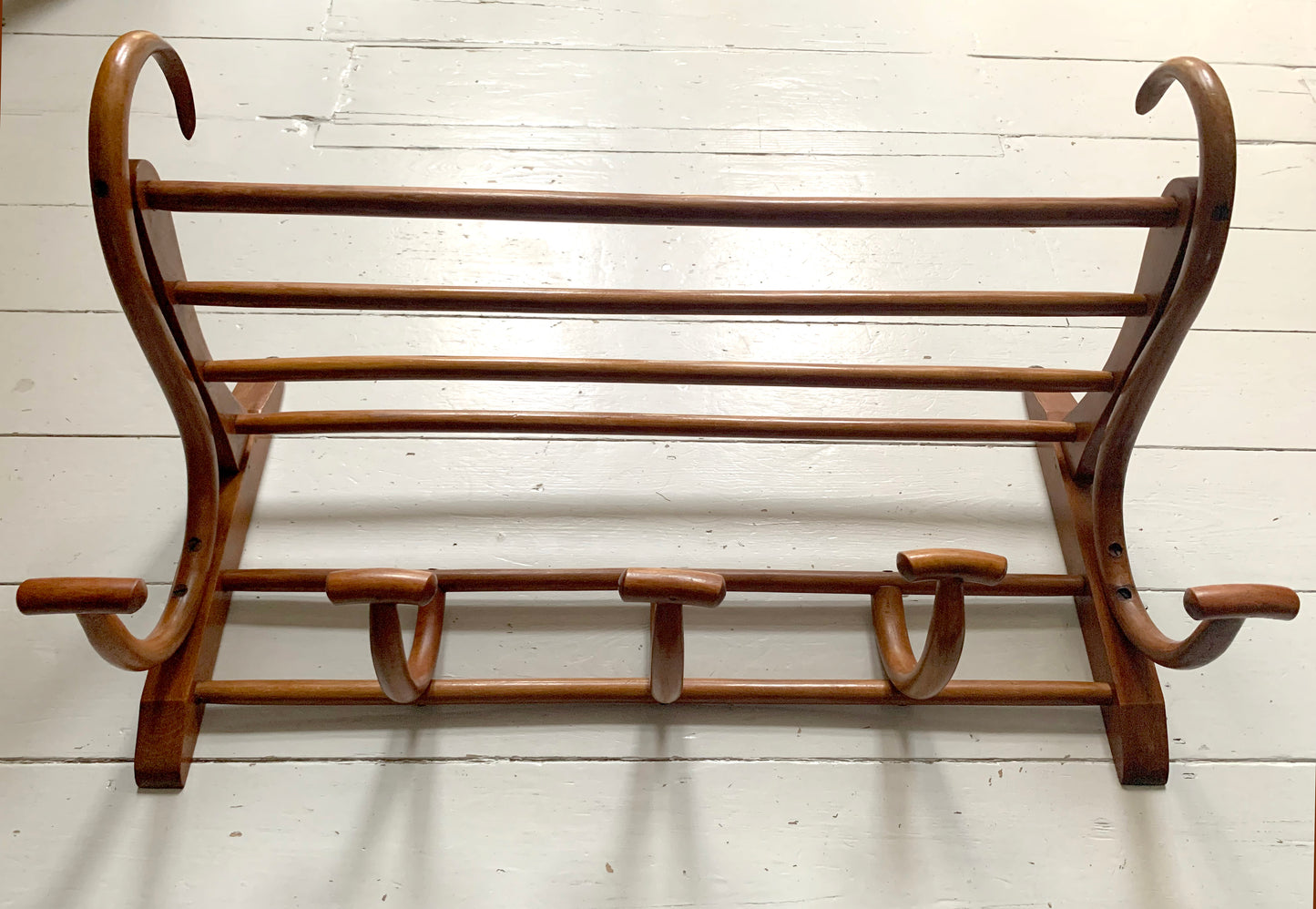 Antique Teak Bentwood Wall Mounted Hat & Coat Rack w/ Shelf - 1900s Art Nouveau