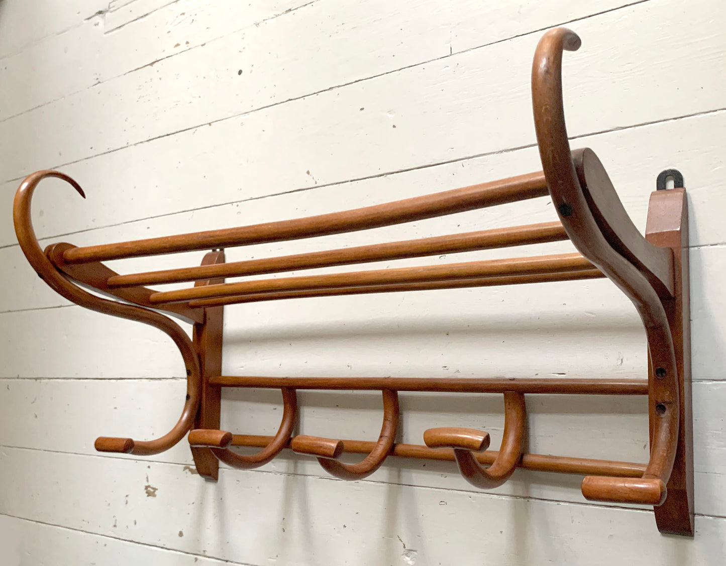 Antique Teak Bentwood Wall Mounted Hat & Coat Rack w/ Shelf - 1900s Art Nouveau