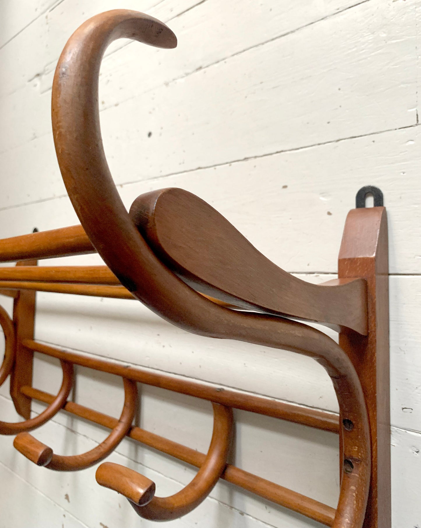 Antique Teak Bentwood Wall Mounted Hat & Coat Rack w/ Shelf - 1900s Art Nouveau