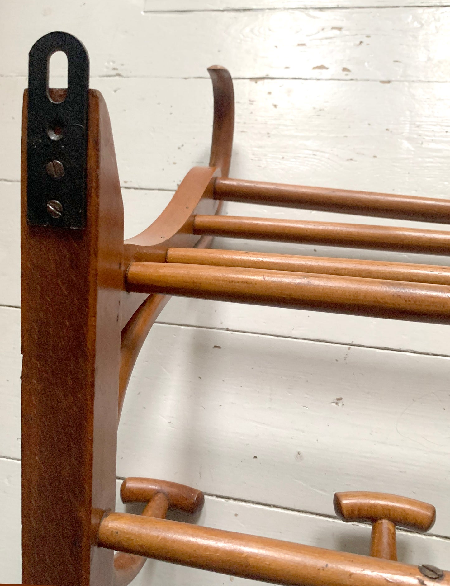 Antique Teak Bentwood Wall Mounted Hat & Coat Rack w/ Shelf - 1900s Art Nouveau