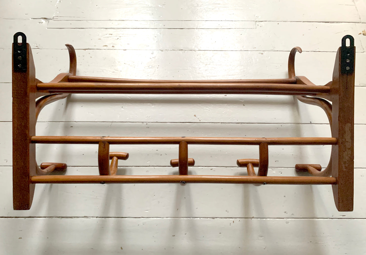 Antique Teak Bentwood Wall Mounted Hat & Coat Rack w/ Shelf - 1900s Art Nouveau