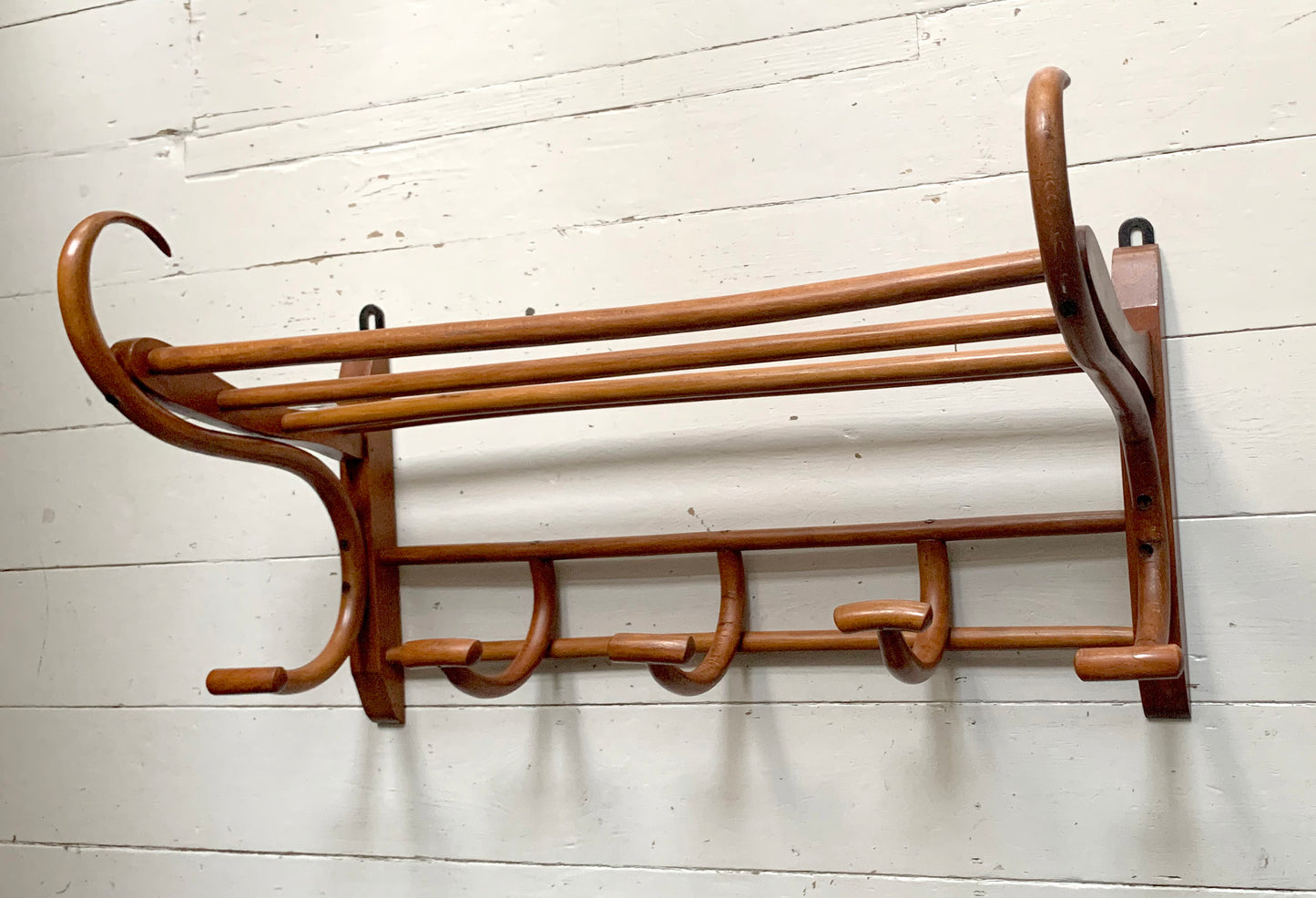 Antique Teak Bentwood Wall Mounted Hat & Coat Rack w/ Shelf - 1900s Art Nouveau
