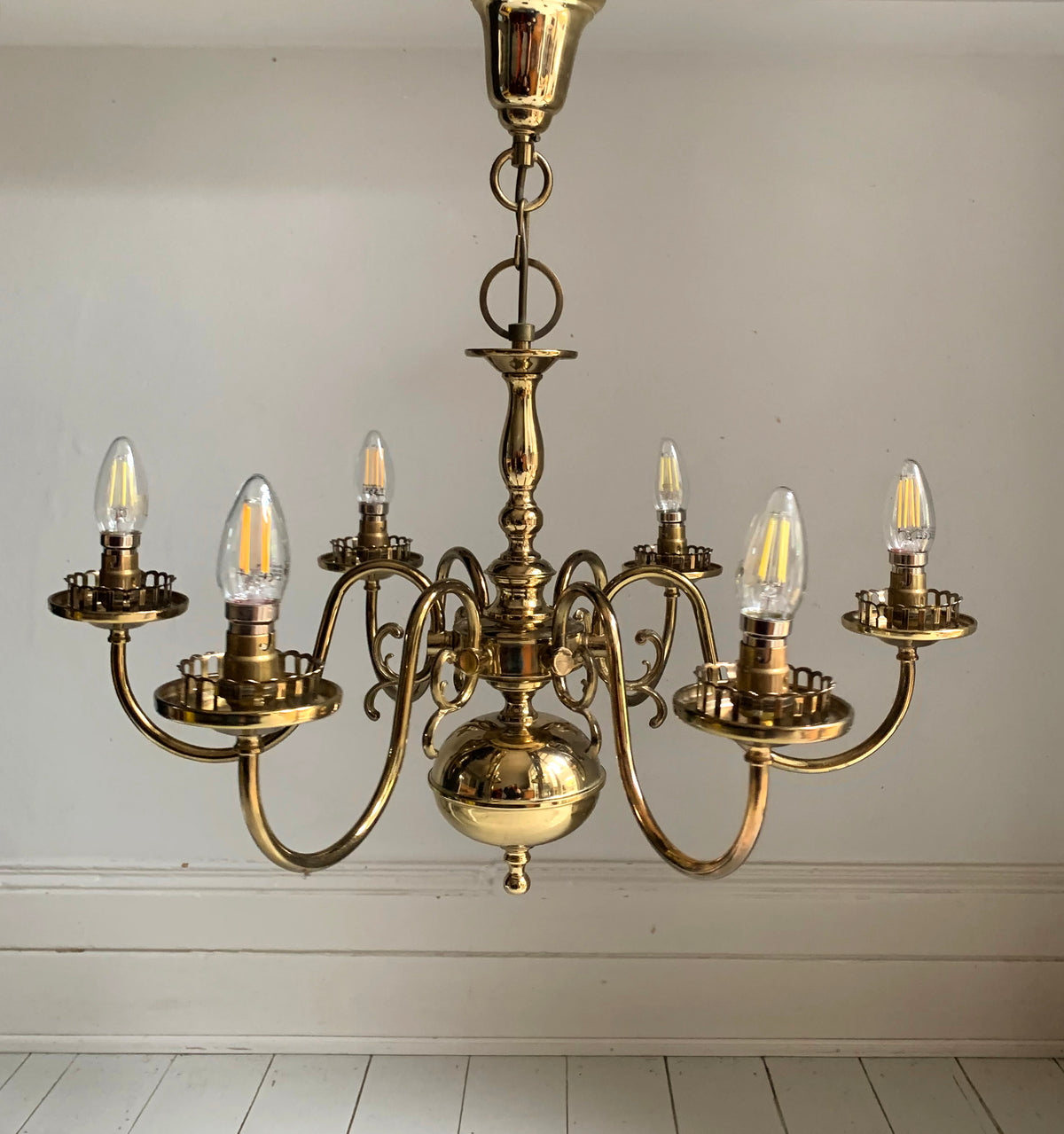 Vintage Flemish Style 6 Arm Brass Plated Chandelier with Scrolling Flourishes
