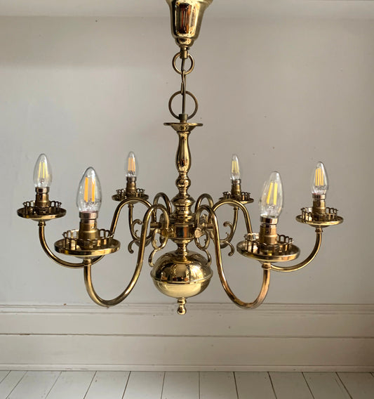 Vintage Flemish Style 6 Arm Brass Plated Chandelier with Scrolling Flourishes