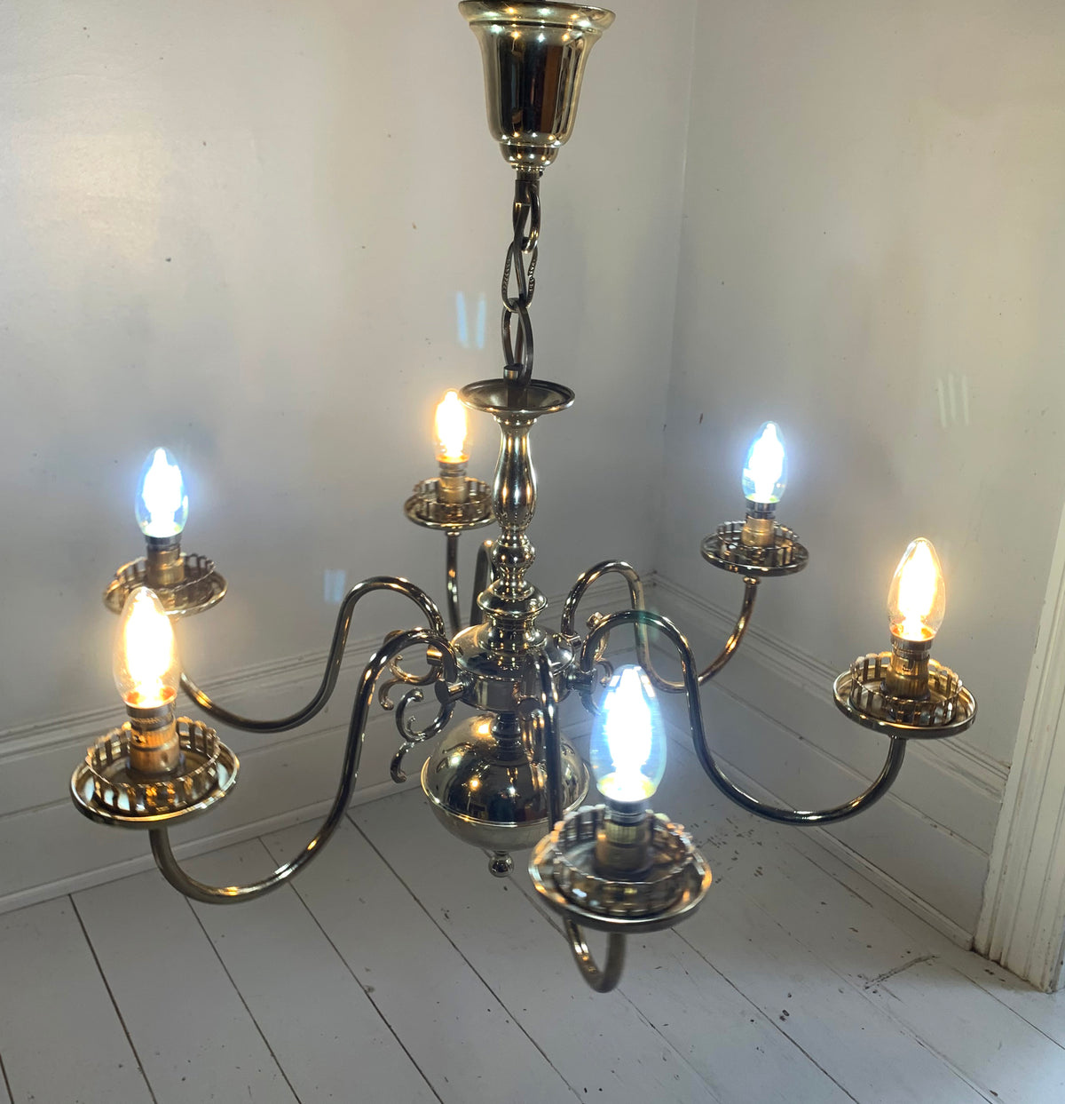 Vintage Flemish Style 6 Arm Brass Plated Chandelier with Scrolling Flourishes