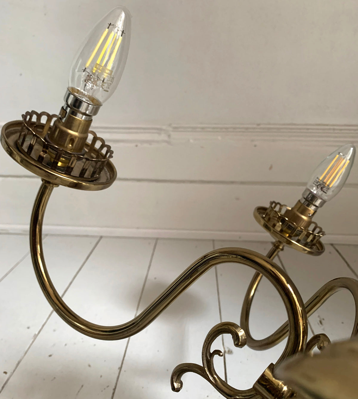 Vintage Flemish Style 6 Arm Brass Plated Chandelier with Scrolling Flourishes