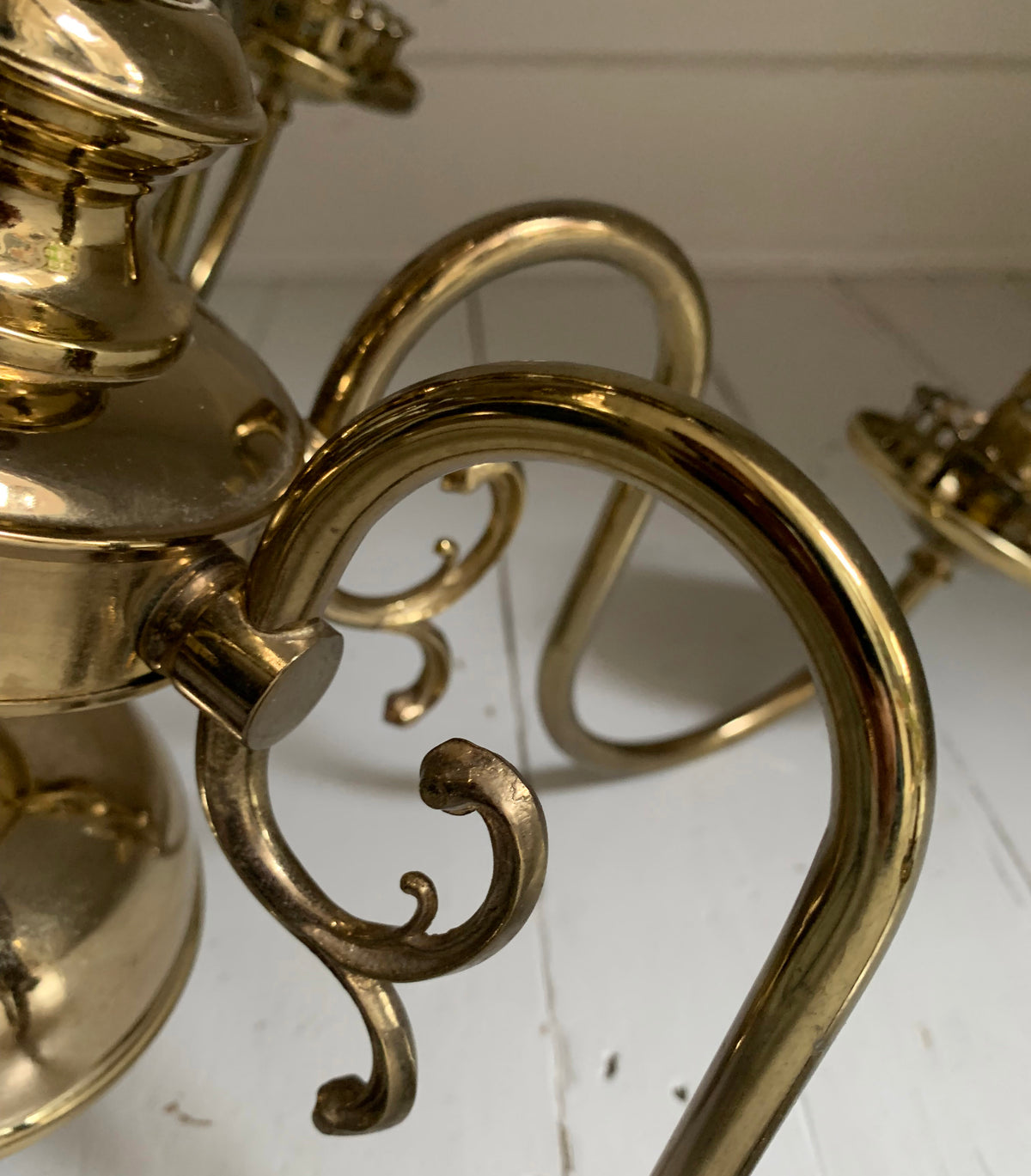 Vintage Flemish Style 6 Arm Brass Plated Chandelier with Scrolling Flourishes