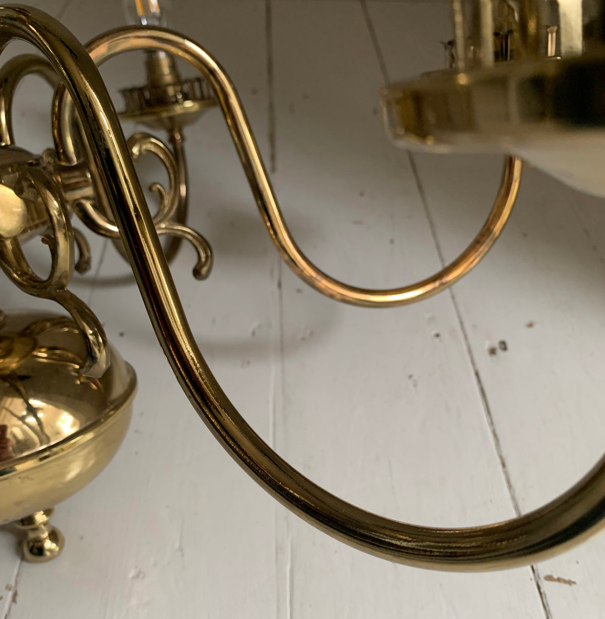 Vintage Flemish Style 6 Arm Brass Plated Chandelier with Scrolling Flourishes
