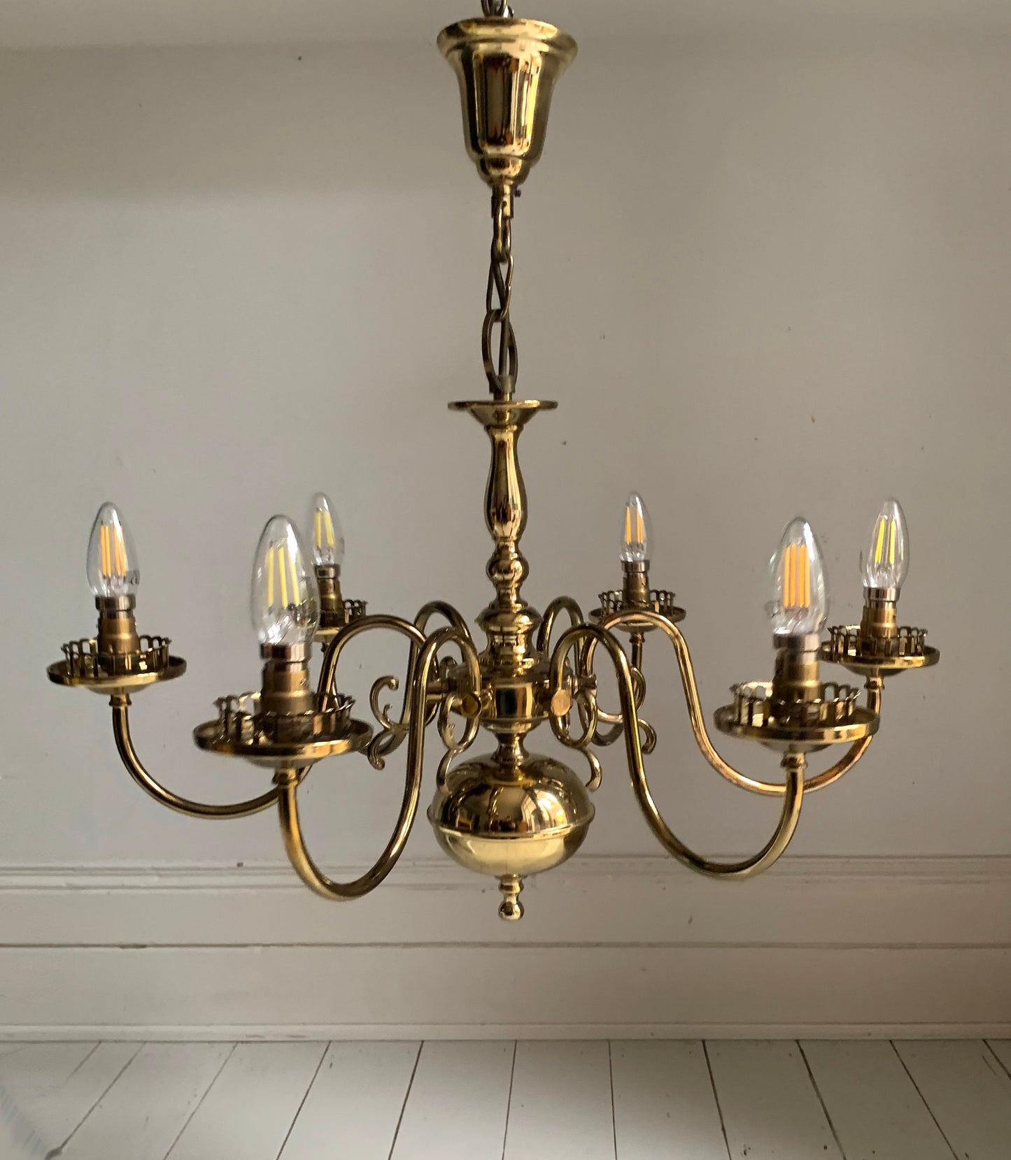 Vintage Flemish Style 6 Arm Brass Plated Chandelier with Scrolling Flourishes