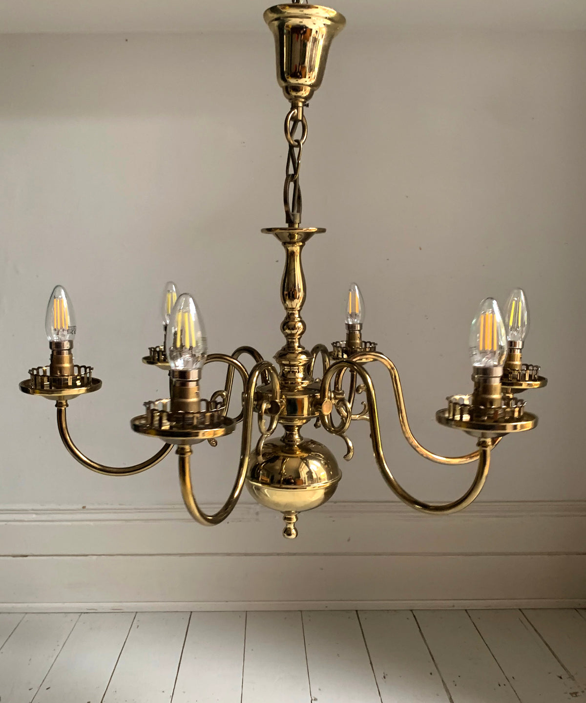 Vintage Flemish Style 6 Arm Brass Plated Chandelier with Scrolling Flourishes