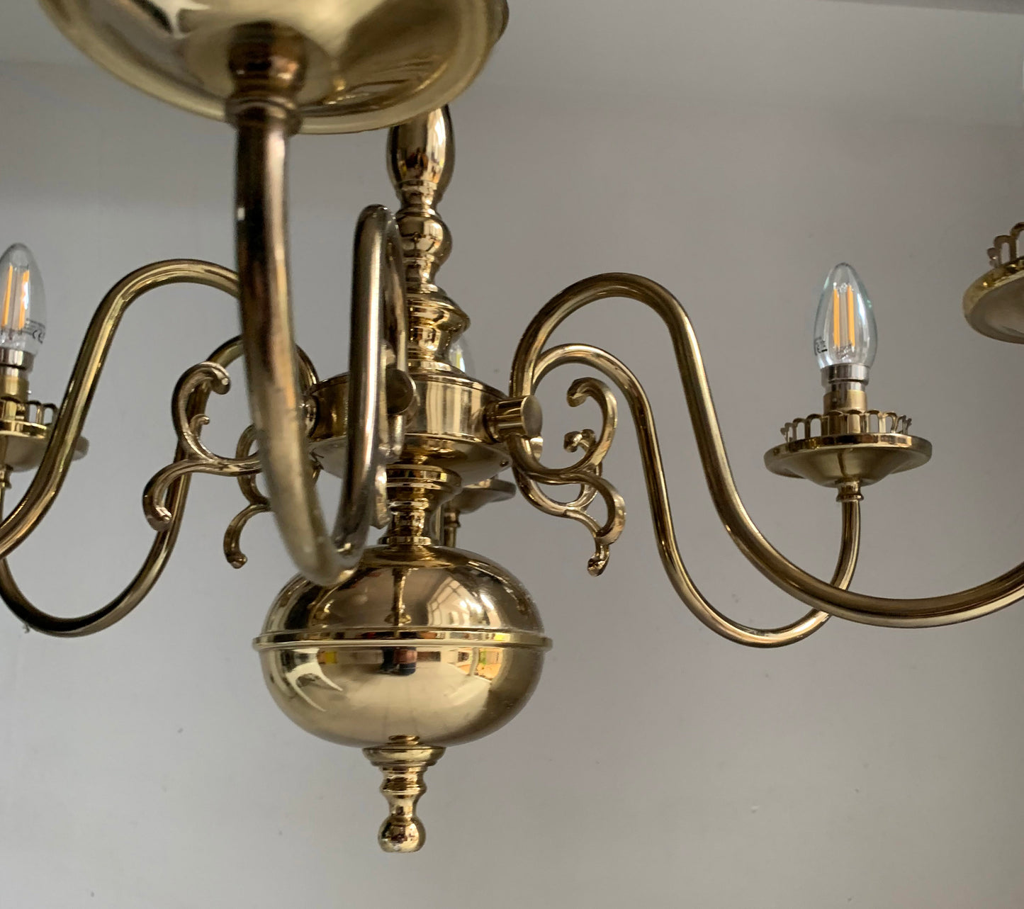 Vintage Flemish Style 6 Arm Brass Plated Chandelier with Scrolling Flourishes