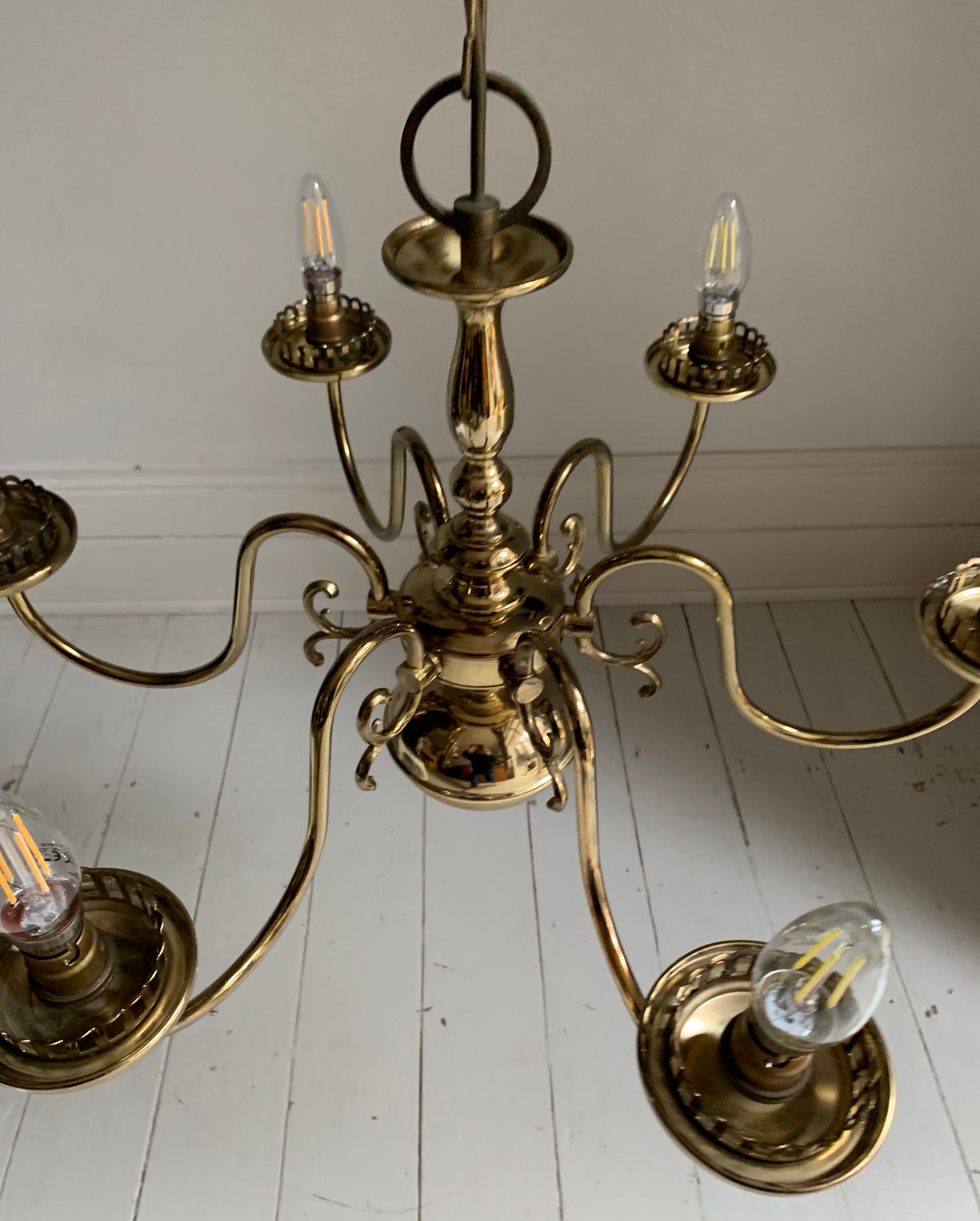 Vintage Flemish Style 6 Arm Brass Plated Chandelier with Scrolling Flourishes
