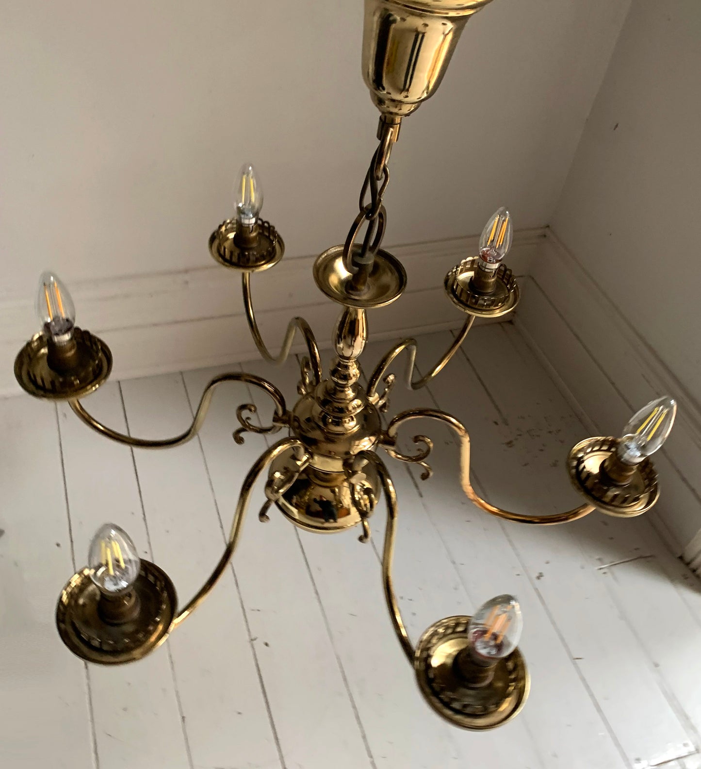 Vintage Flemish Style 6 Arm Brass Plated Chandelier with Scrolling Flourishes