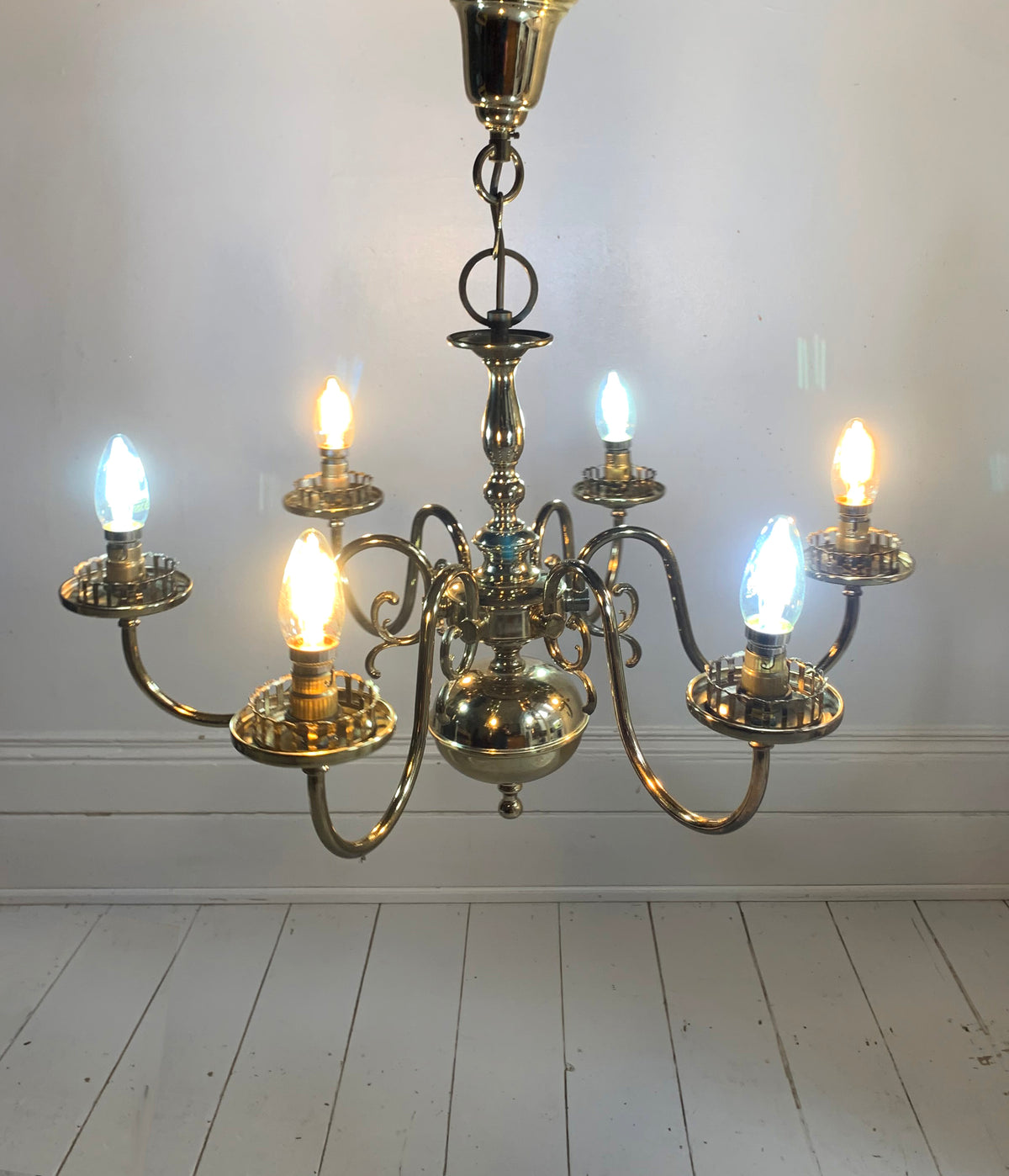 Vintage Flemish Style 6 Arm Brass Plated Chandelier with Scrolling Flourishes