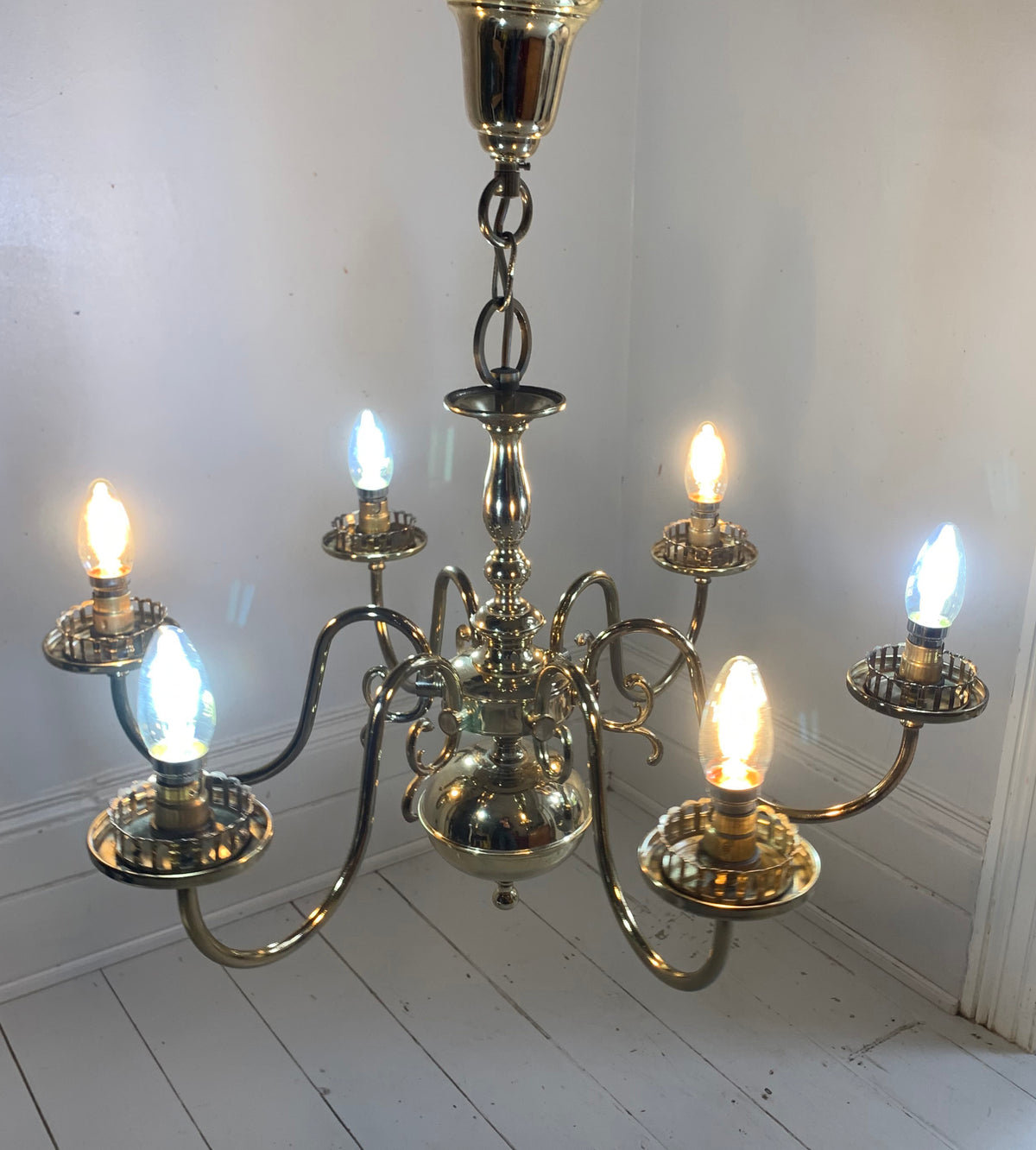 Vintage Flemish Style 6 Arm Brass Plated Chandelier with Scrolling Flourishes
