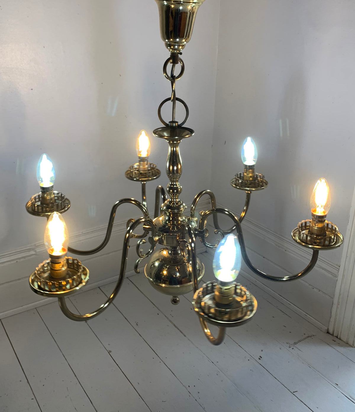 Vintage Flemish Style 6 Arm Brass Plated Chandelier with Scrolling Flourishes