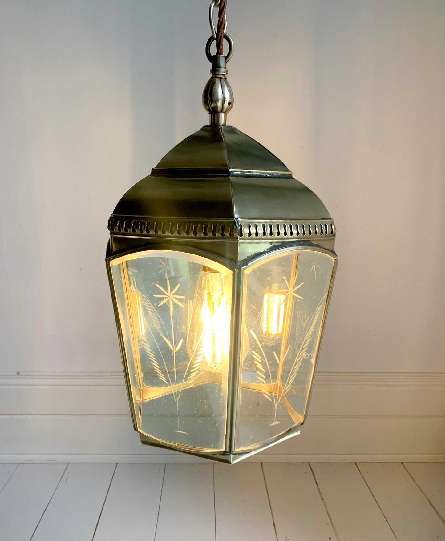Copper & Brass Chelsea Pendant Lantern / Bevelled & Etched Glass / 35cm Tall