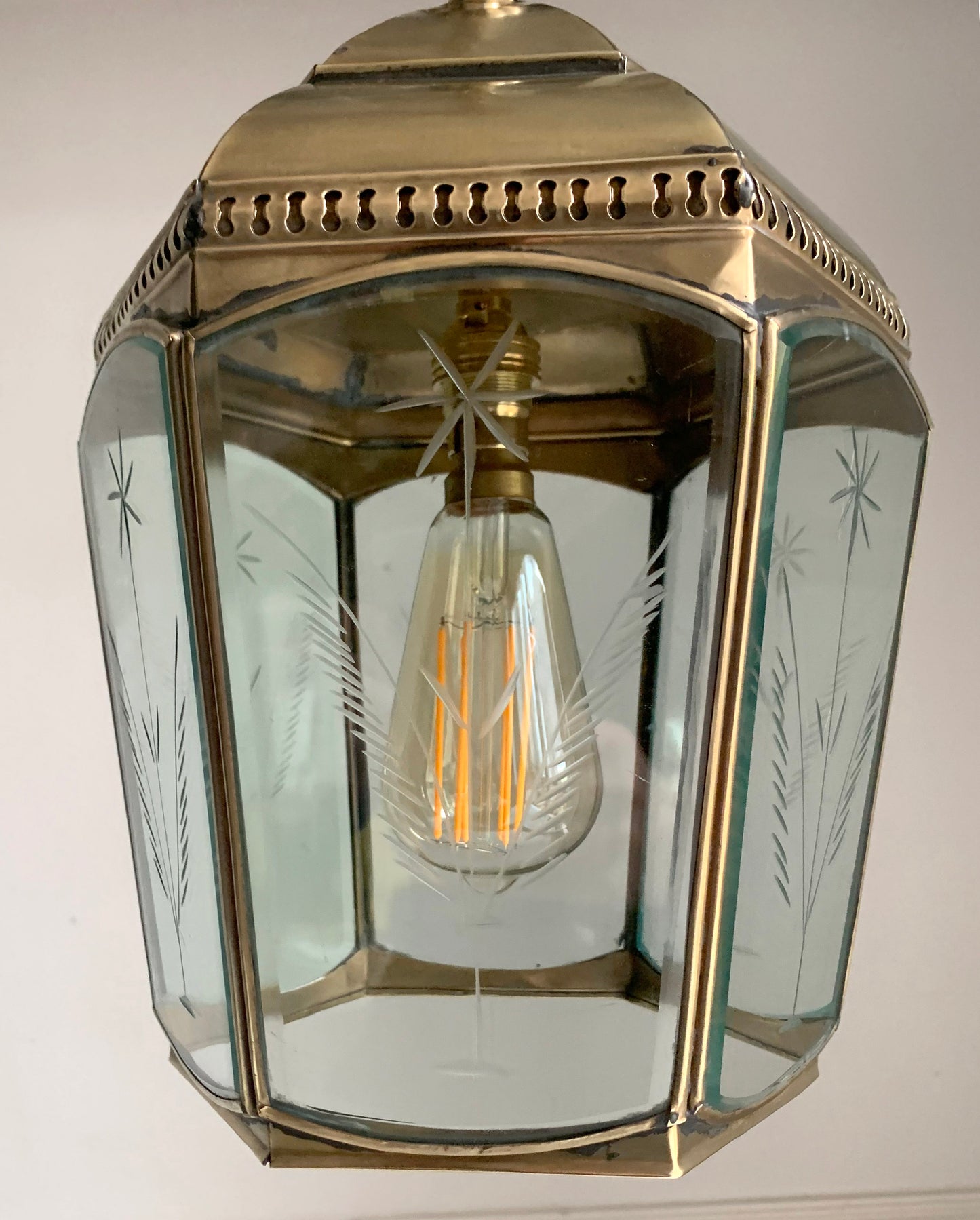 Copper & Brass Chelsea Pendant Lantern / Bevelled & Etched Glass / 35cm Tall