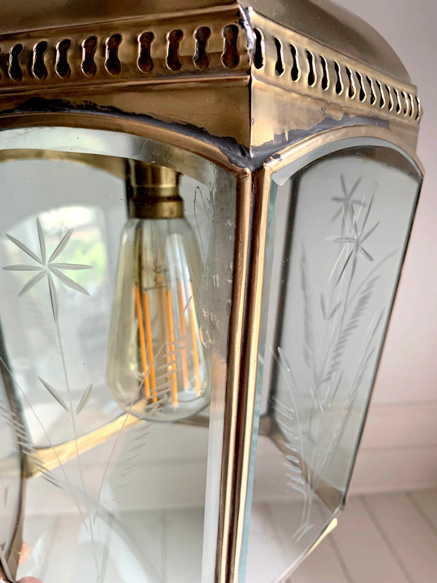 Copper & Brass Chelsea Pendant Lantern / Bevelled & Etched Glass / 35cm Tall