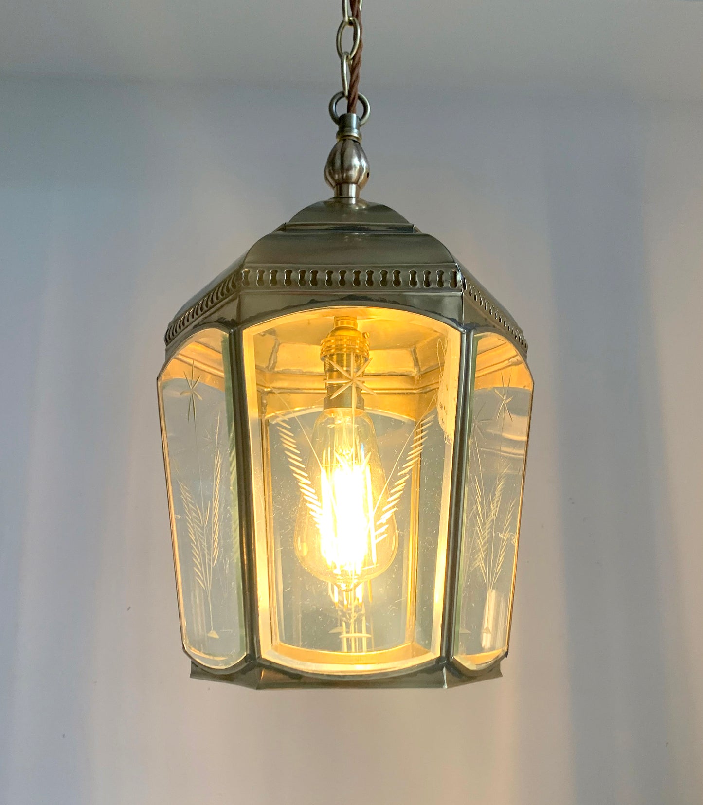 Copper & Brass Chelsea Pendant Lantern / Bevelled & Etched Glass / 35cm Tall