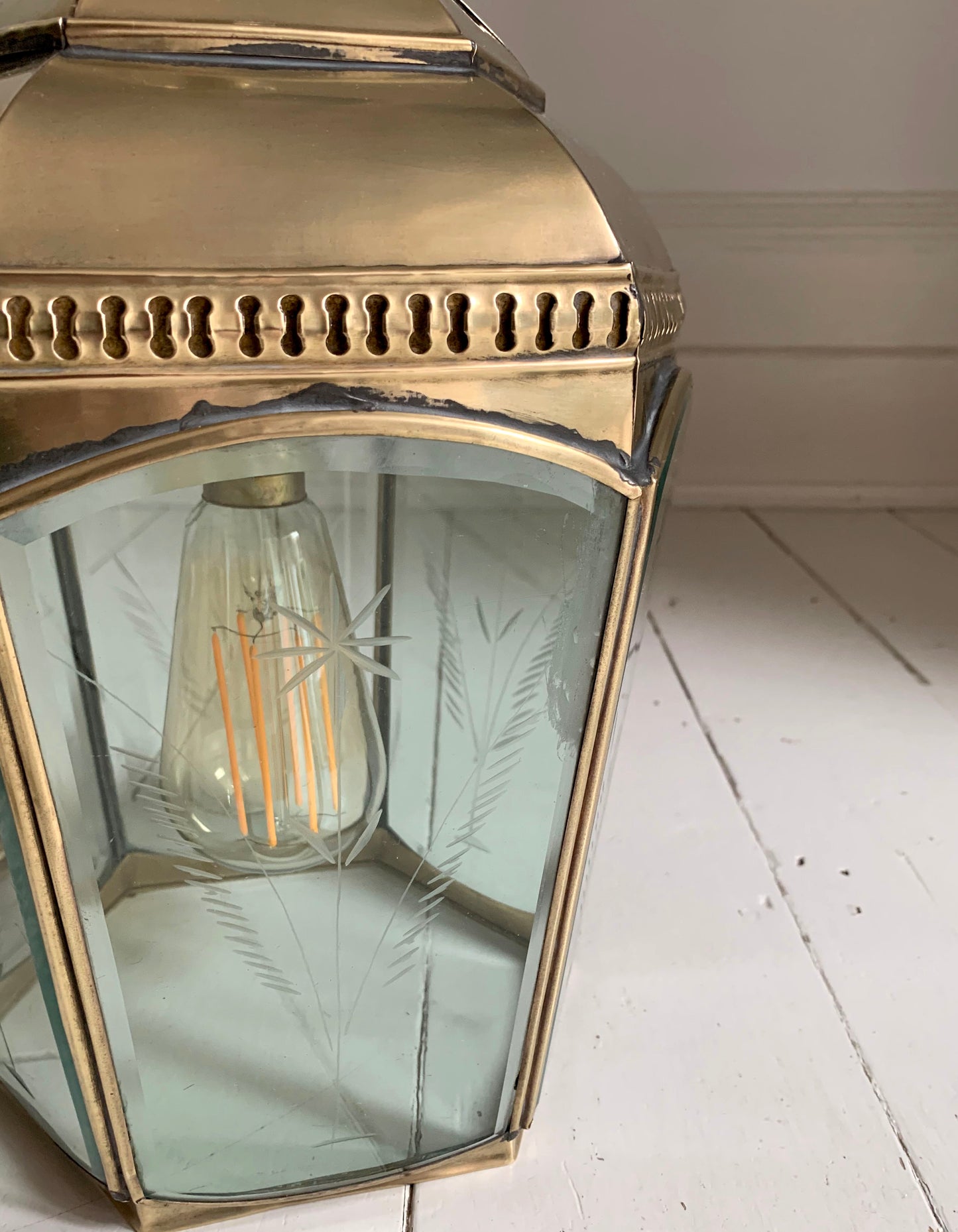 Copper & Brass Chelsea Pendant Lantern / Bevelled & Etched Glass / 35cm Tall