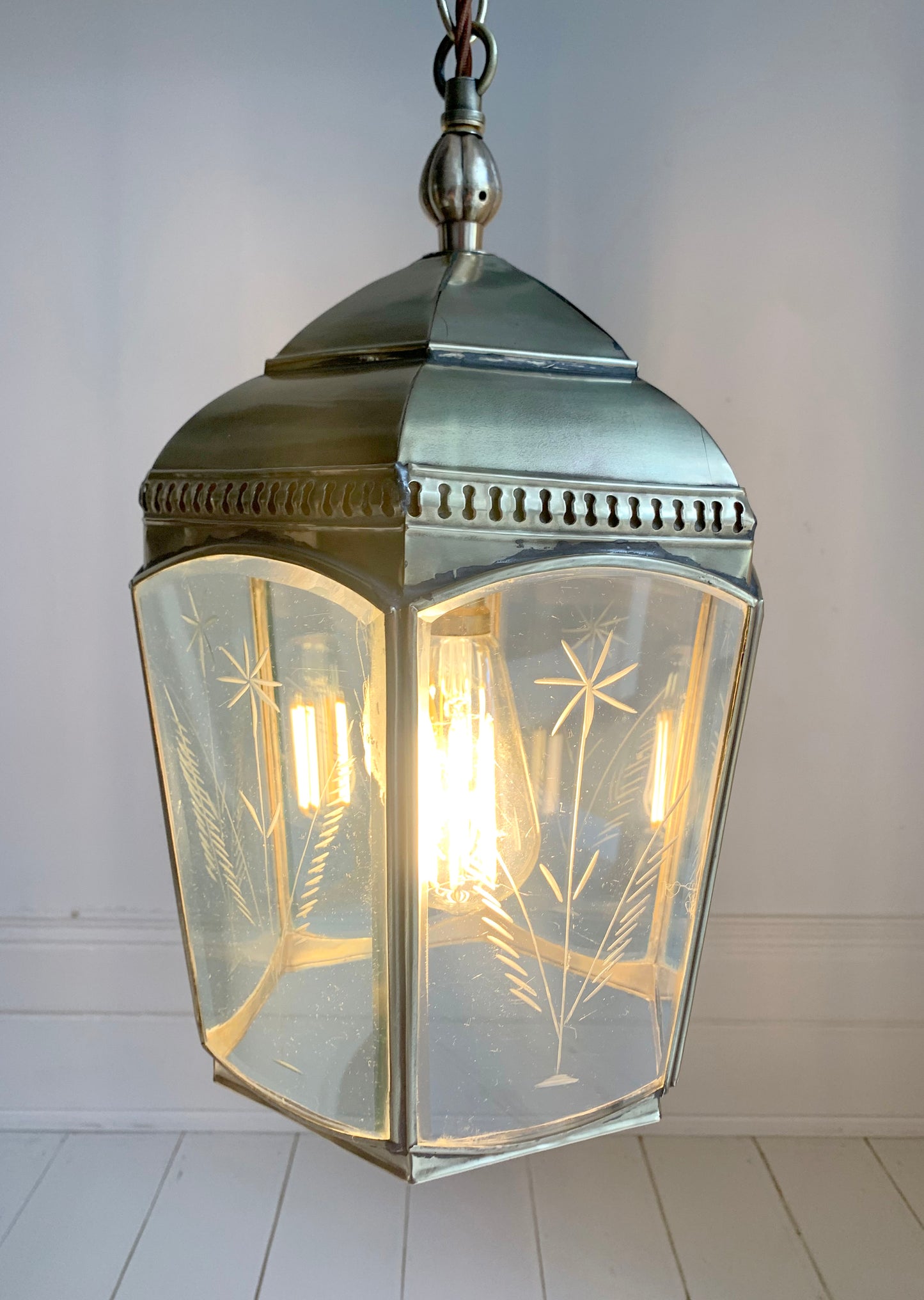 Copper & Brass Chelsea Pendant Lantern / Bevelled & Etched Glass / 35cm Tall