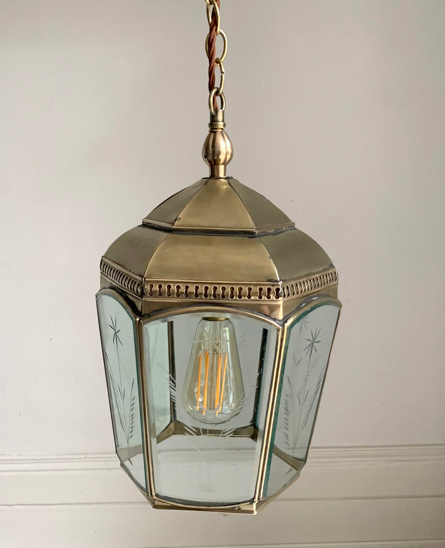 Copper & Brass Chelsea Pendant Lantern / Bevelled & Etched Glass / 35cm Tall