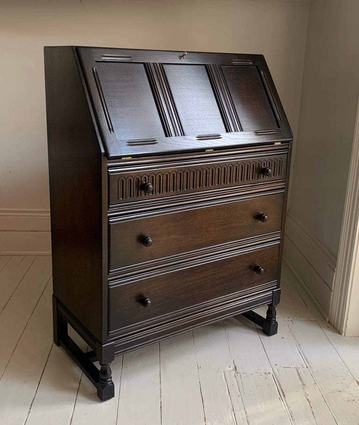 Vintage Ercol Dark Bureau Writing Desk - Red Leather, Blonde Wood Interior