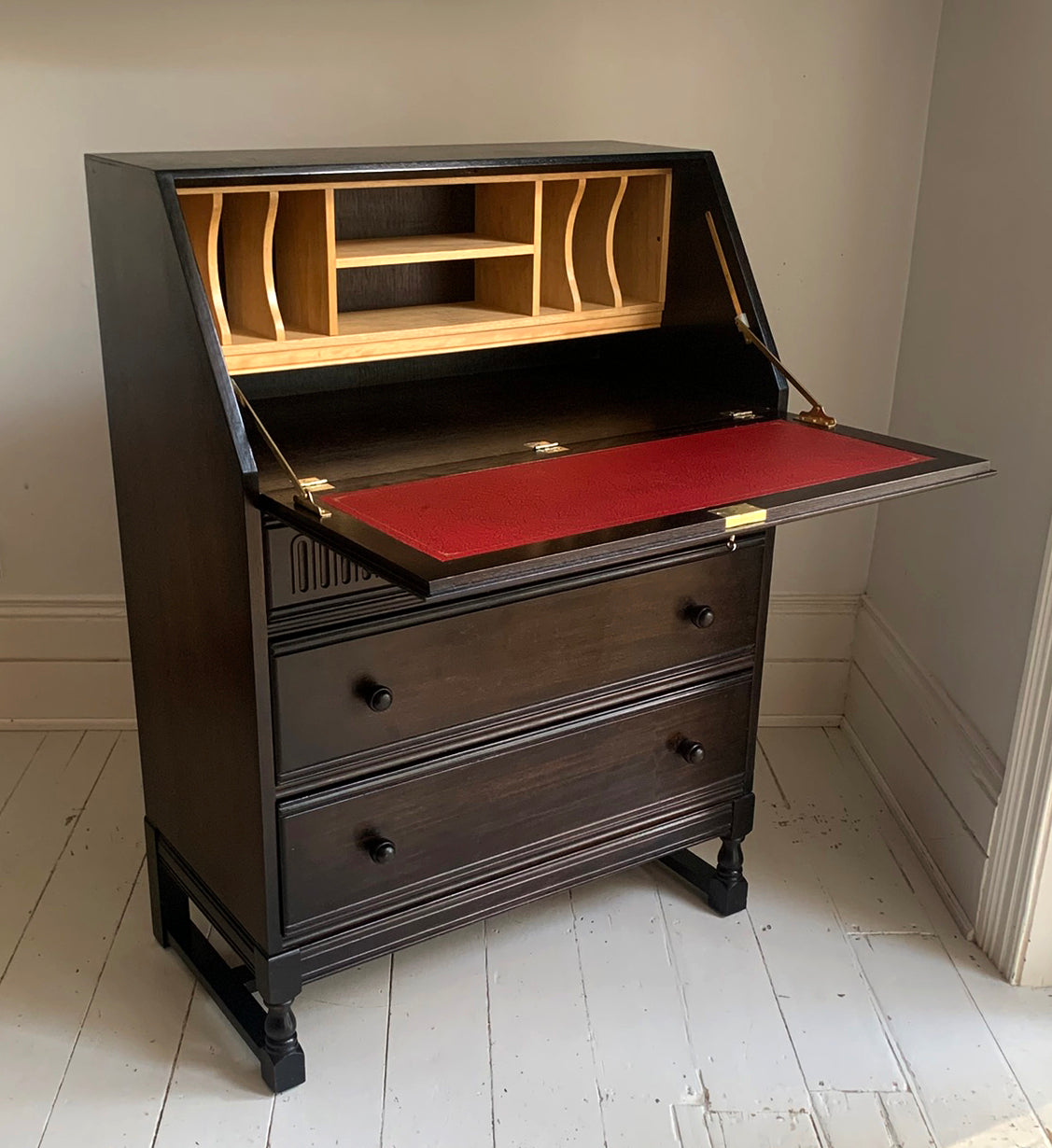 Vintage Ercol Dark Bureau Writing Desk - Red Leather, Blonde Wood Interior