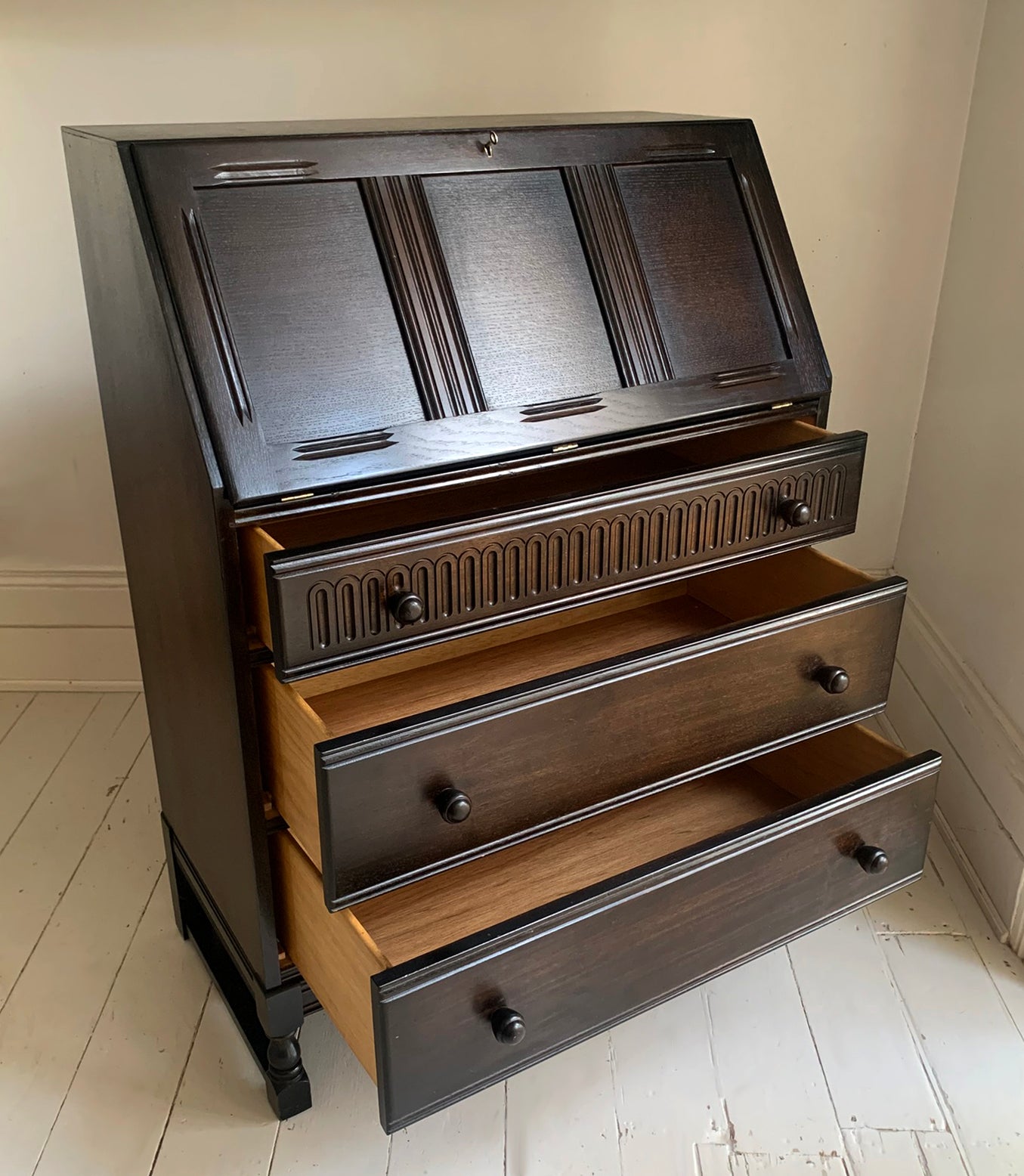 Vintage Ercol Dark Bureau Writing Desk - Red Leather, Blonde Wood Interior