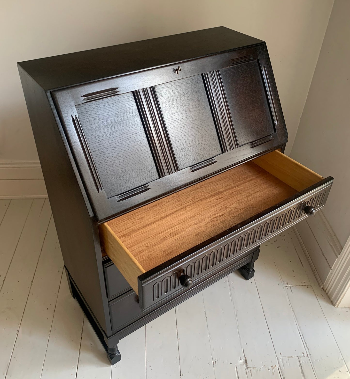Vintage Ercol Dark Bureau Writing Desk - Red Leather, Blonde Wood Interior