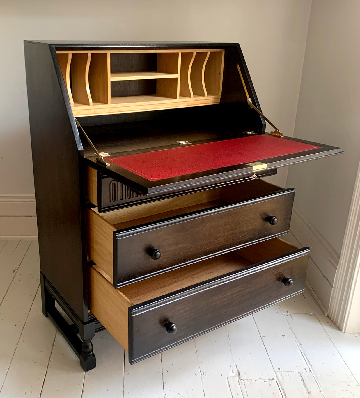 Vintage Ercol Dark Bureau Writing Desk - Red Leather, Blonde Wood Interior