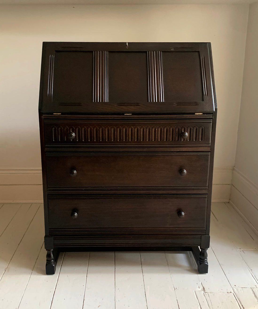 Vintage Ercol Dark Bureau Writing Desk - Red Leather, Blonde Wood Interior