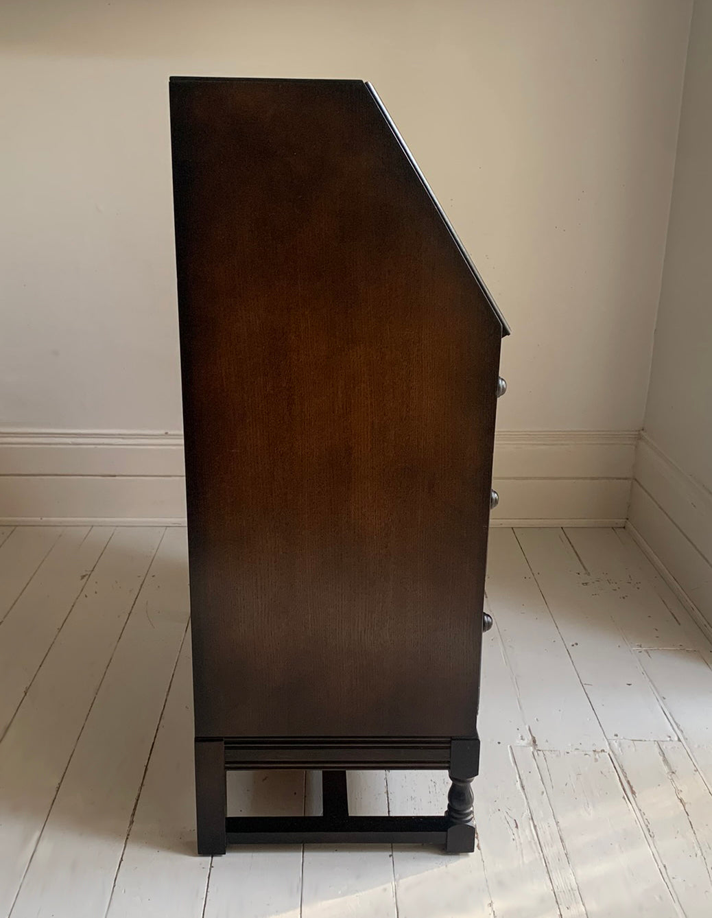 Vintage Ercol Dark Bureau Writing Desk - Red Leather, Blonde Wood Interior