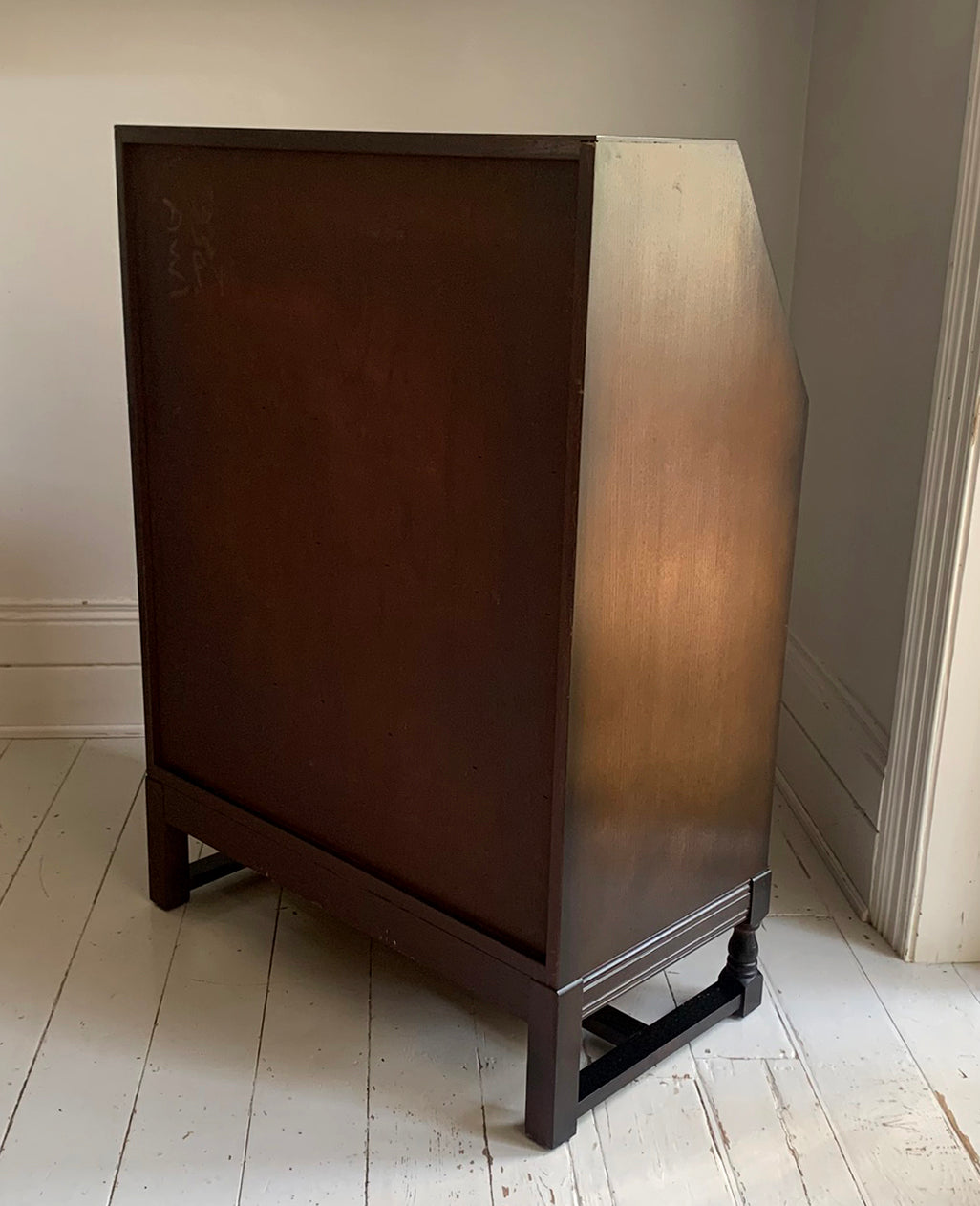 Vintage Ercol Dark Bureau Writing Desk - Red Leather, Blonde Wood Interior