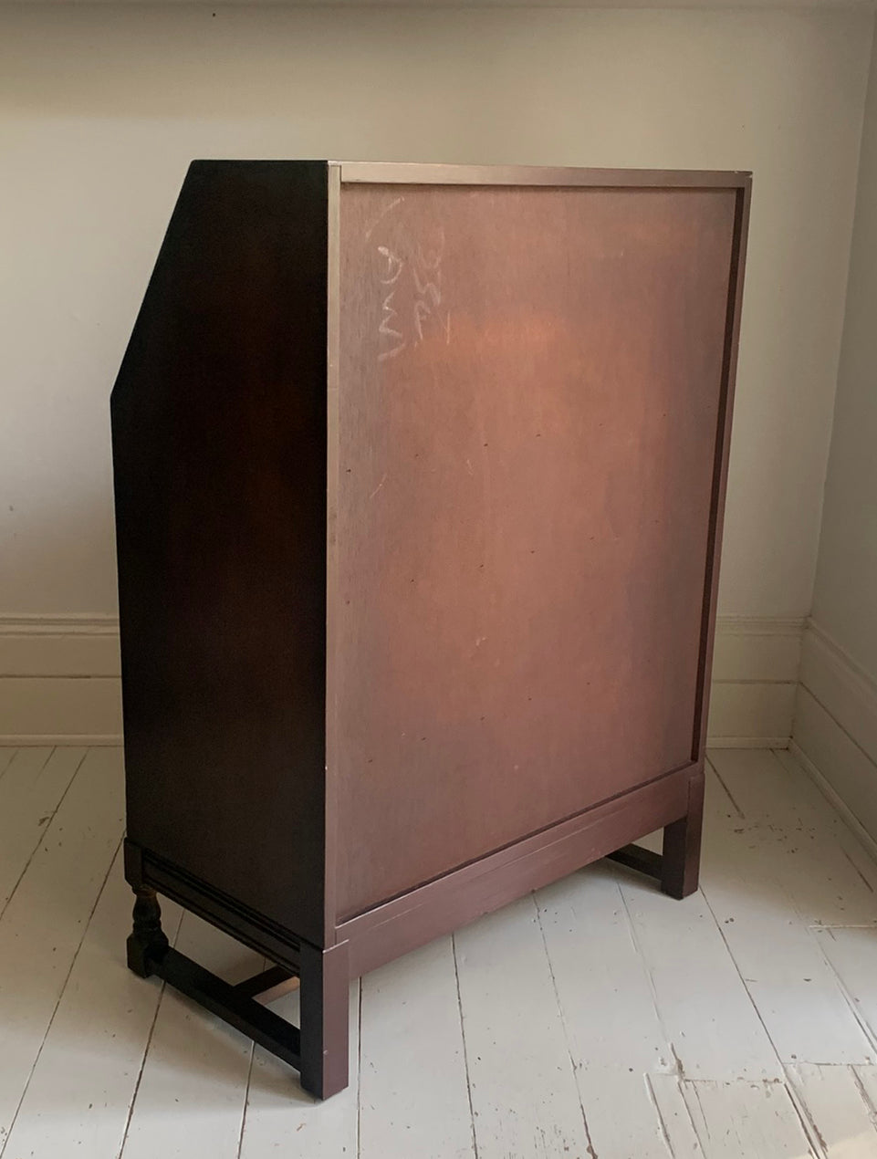 Vintage Ercol Dark Bureau Writing Desk - Red Leather, Blonde Wood Interior