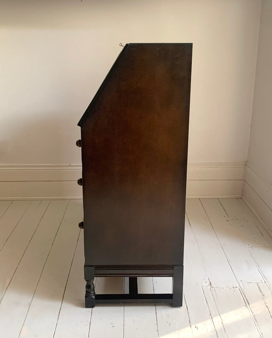 Vintage Ercol Dark Bureau Writing Desk - Red Leather, Blonde Wood Interior
