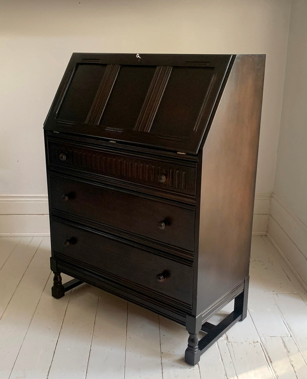 Vintage Ercol Dark Bureau Writing Desk - Red Leather, Blonde Wood Interior