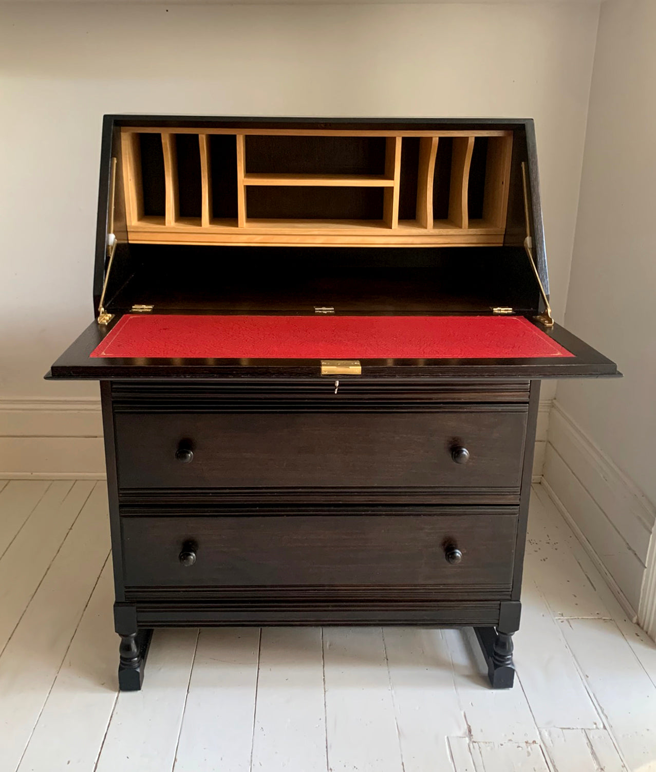 Vintage Ercol Dark Bureau Writing Desk - Red Leather, Blonde Wood Interior