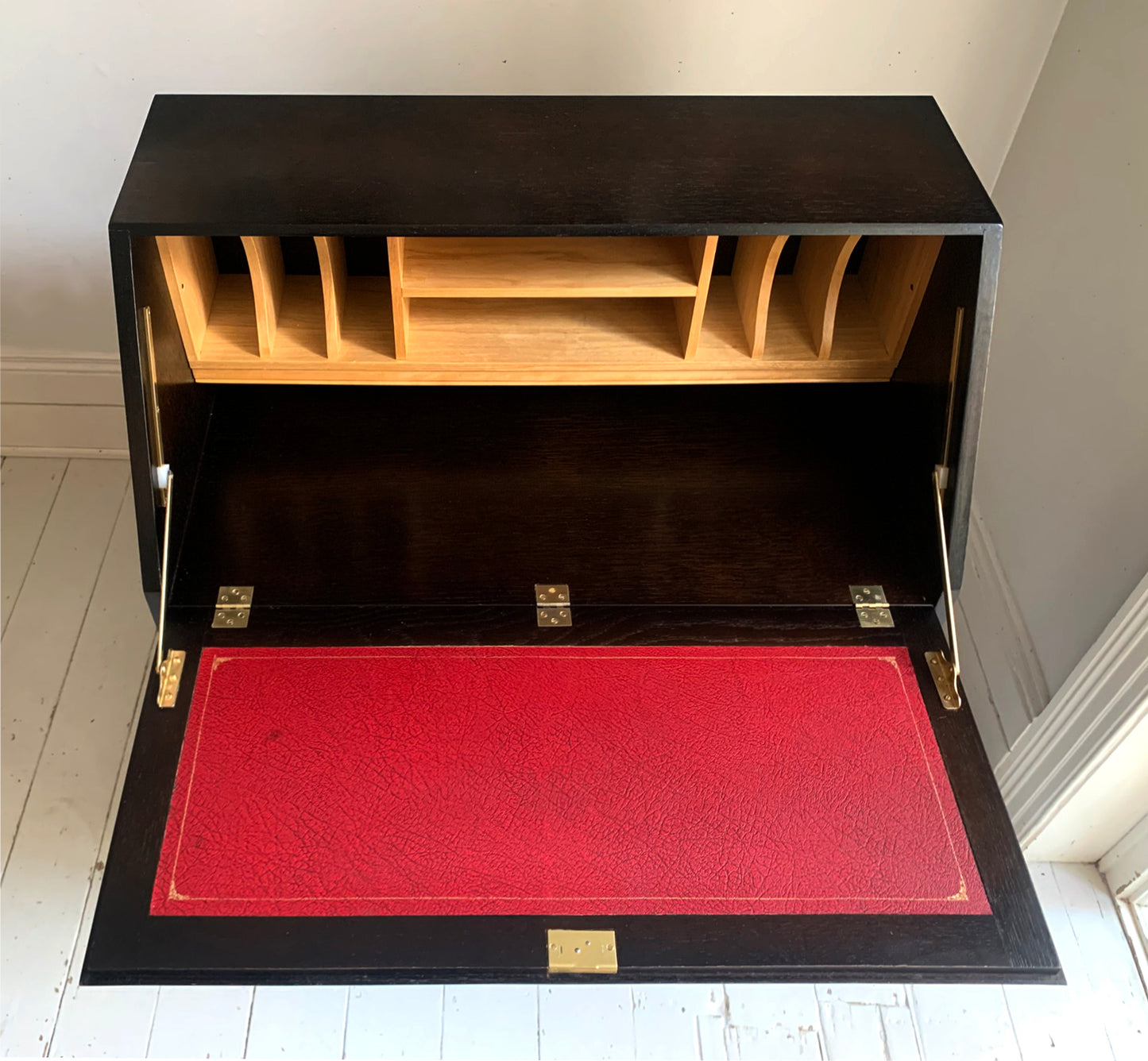 Vintage Ercol Dark Bureau Writing Desk - Red Leather, Blonde Wood Interior