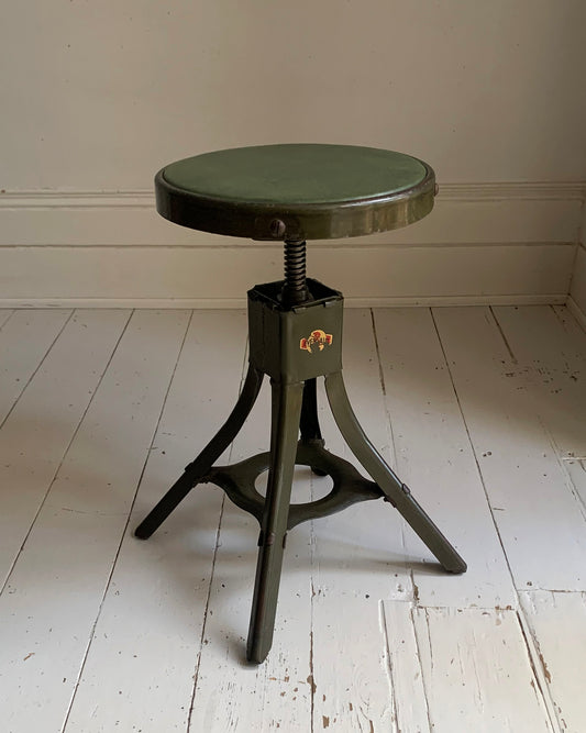 Vintage Evertaut Industrial/Machinist Adjustable Height Swivel Khaki Green Stool