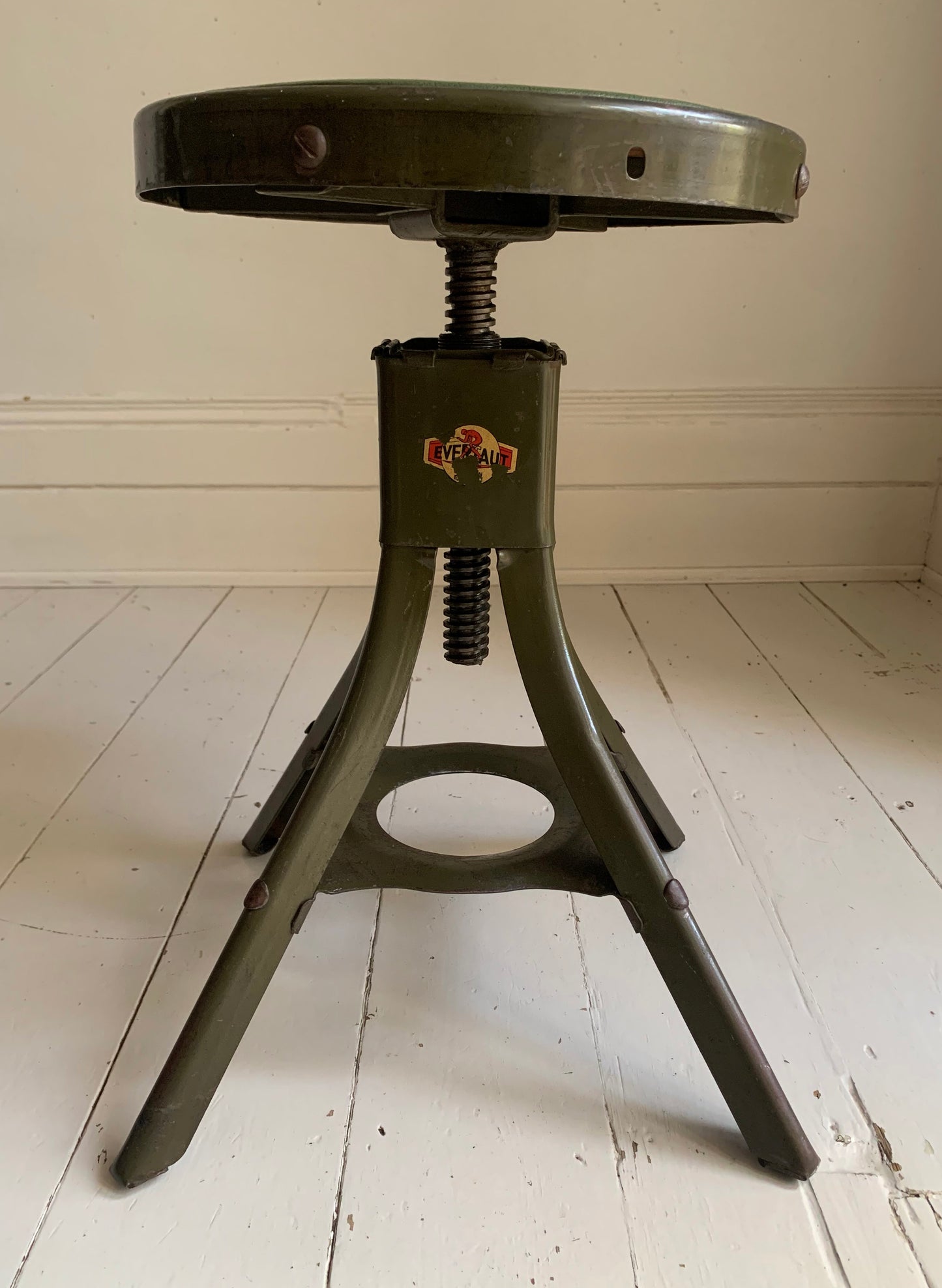 Vintage Evertaut Industrial/Machinist Adjustable Height Swivel Khaki Green Stool