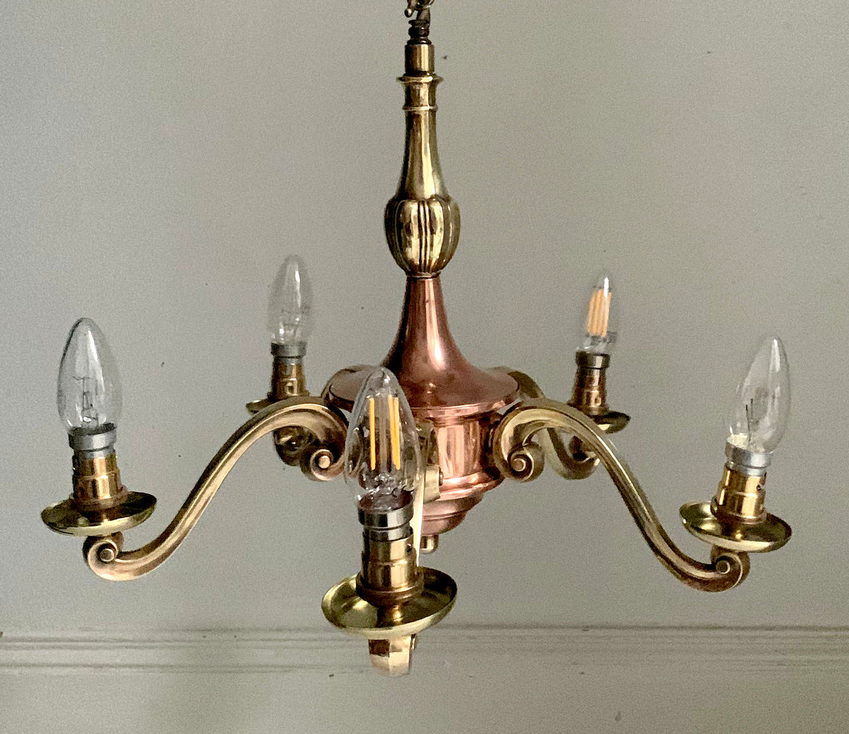 Vintage Five Arm Brass & Copper Chandelier - Flemish/Dutch Revival Style