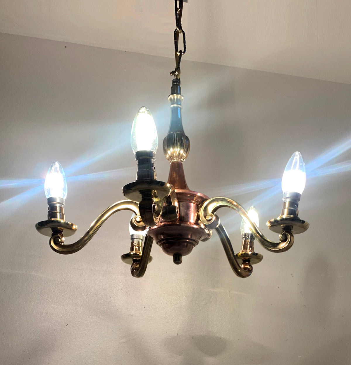 Vintage Five Arm Brass & Copper Chandelier - Flemish/Dutch Revival Style