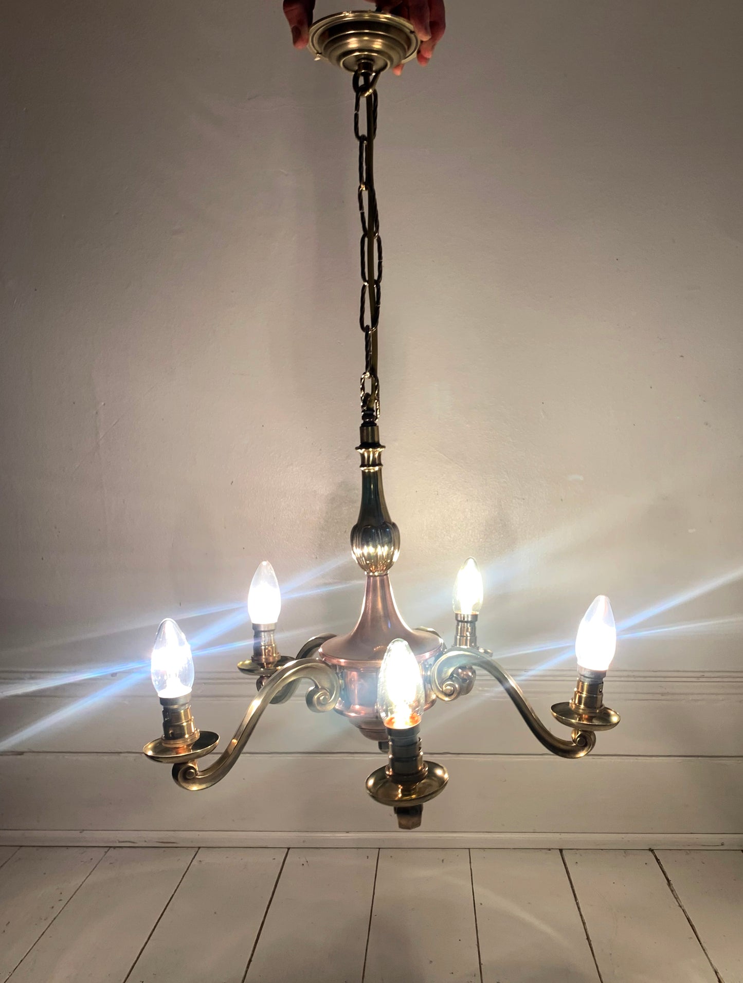 Vintage Five Arm Brass & Copper Chandelier - Flemish/Dutch Revival Style